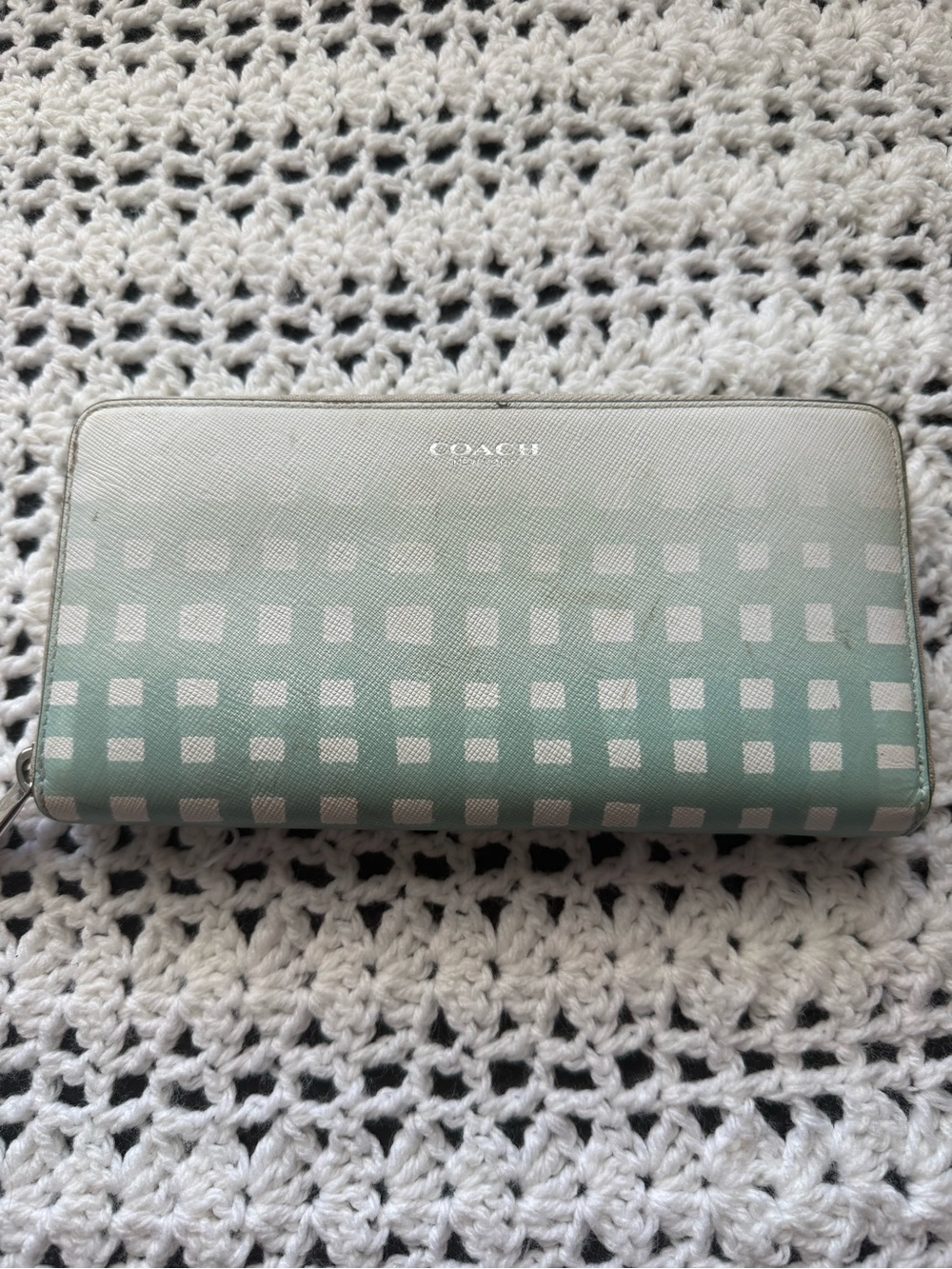 Coach Mint-Pattern Zip Around Wallet in Pale Green and Cream